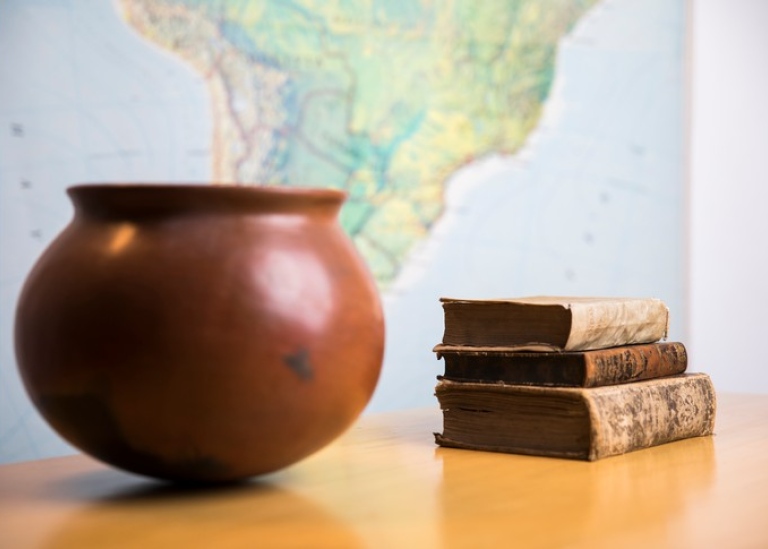 En kruka och böcker framför en världskarta. Foto: Niklas Björling
