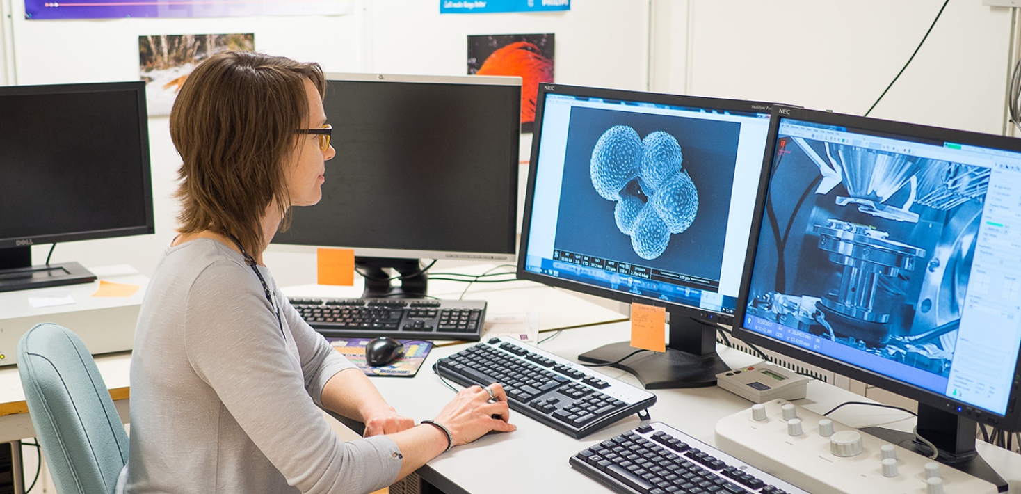 Reseacher working in front of two big screens with images of foraminifera. Photo: Private
