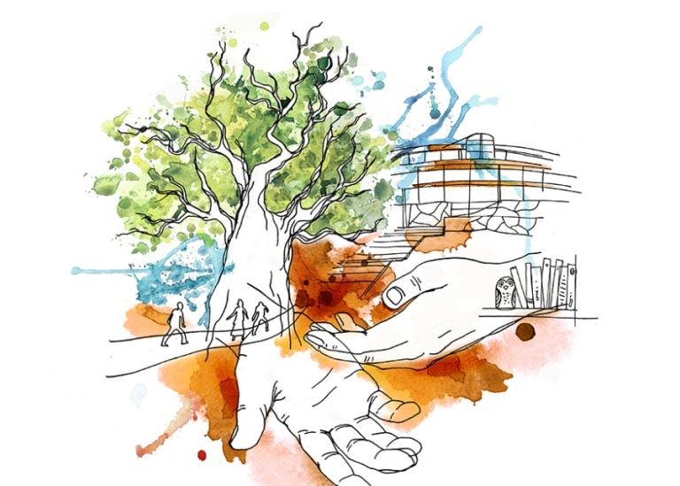 Illustration med stort träd, Aula Magna, människor som går, böcker och ett par händer. Av SaraMara