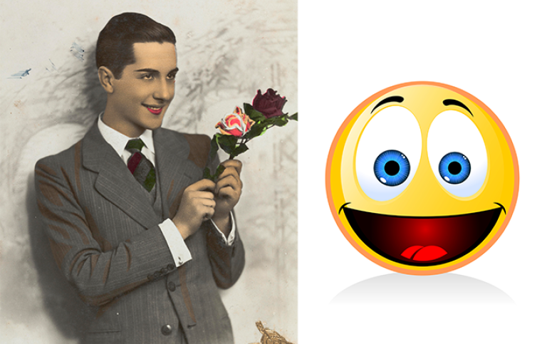 Ena bilden visar en man som håller en blombukett och ler. Andra bilden är en gul smiley.