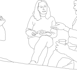 Skis av människor som sitter runt ett bord och fikar och samtalar. Illustration: Gunilla Jansson