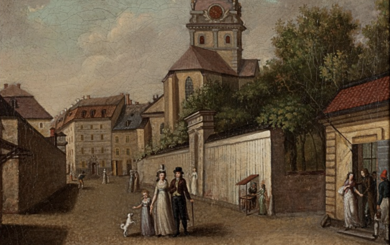 Arsenalsgatan mot Jakobs torg, 1790-tal. En familj går gatan fram längs med muren mot Kungsträdgårde
