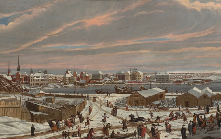 Vinterbild från Stockholm. 1700-1720, hus och människor och en släde som vält