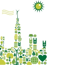 Tecknad cityskyline med symboler i olika nyanser av grönt som husmönster.