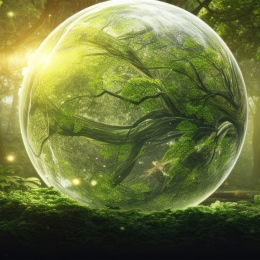 Glass sphere in the forest, reflections of tree, grass and sun.