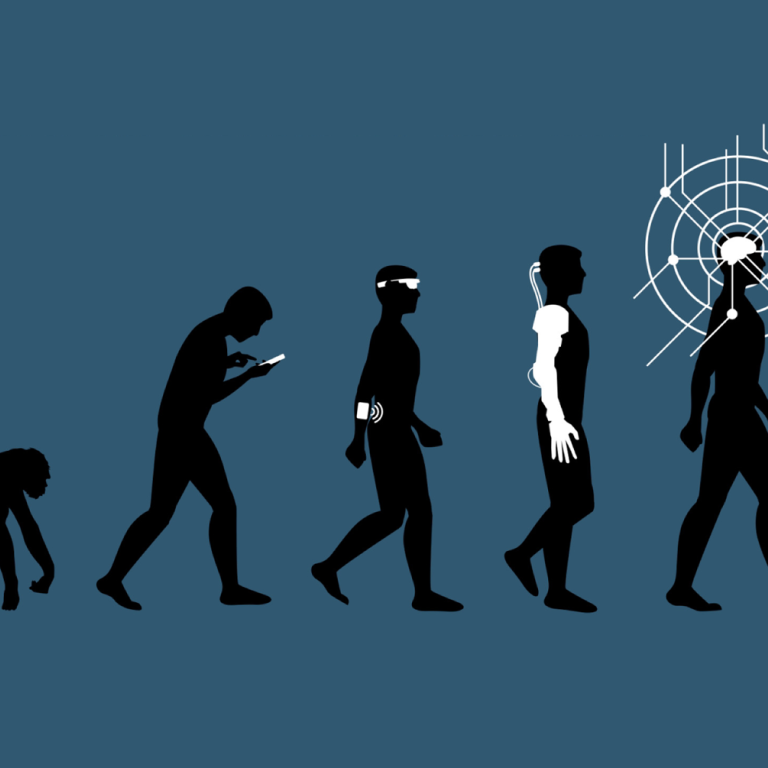 Evolutionstrappan i ny version svarta figurer mot blå bakgrund