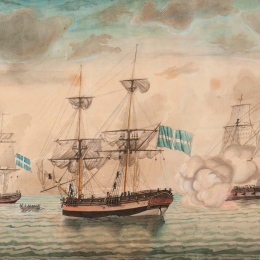 Three ships, two with swedish flags oand one with british flag. Gunfire from the British ship.