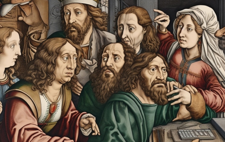 Grupp av medeltida lärare framför en dator. 