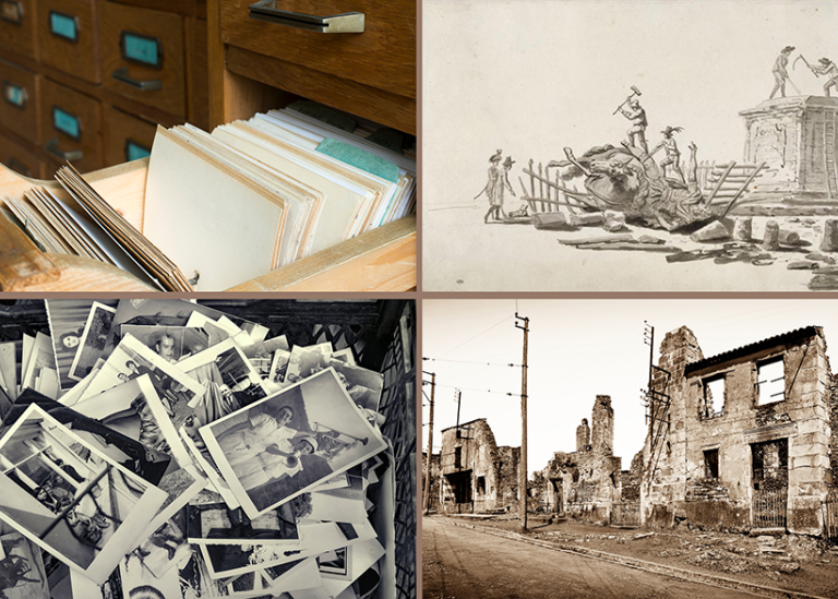 Four pictures: file box, old photos,  house ruins, Drawing of monument razing