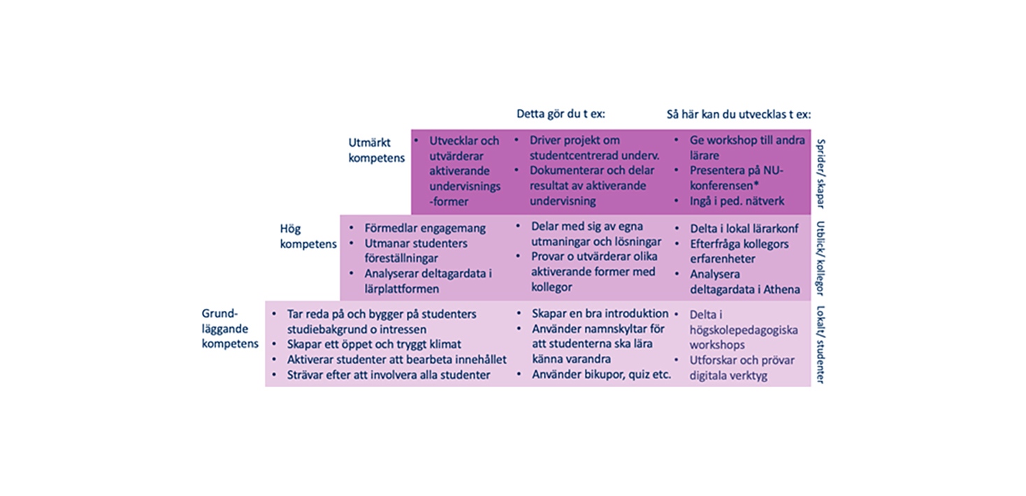 Figur 3: Exempel på aktiviteter på olika kompetensnivåer för Studentcentrerad undervisning