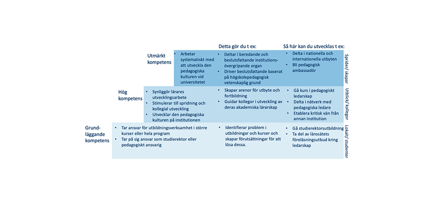 Figur 7: Exempel på aktiviteter på olika kompetensnivåer för akademiskt lärarskap inom dimensionen Pedagogiskt ledarskap.