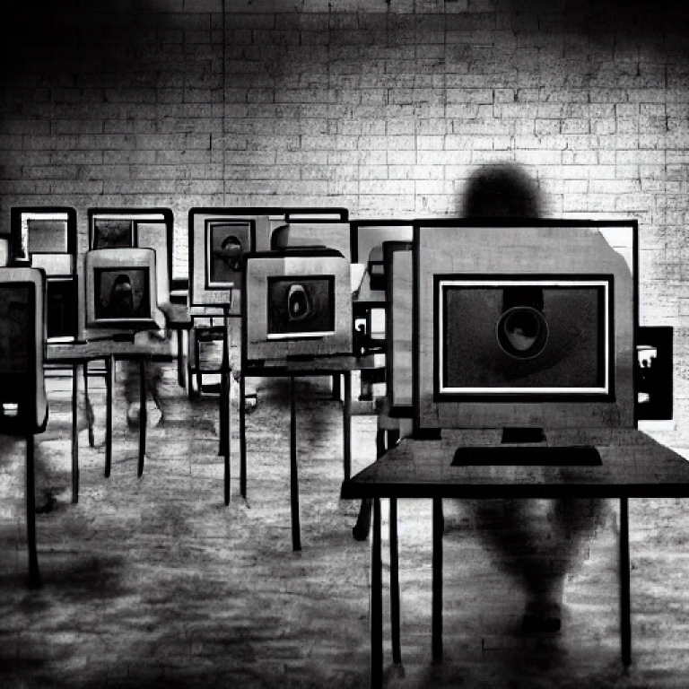 AI-genererad bild i svartvitt av datorskärmar vid bord