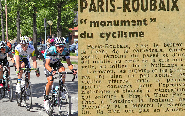 Bild på tre tävlingscyklister. Bild på tidningsnotis