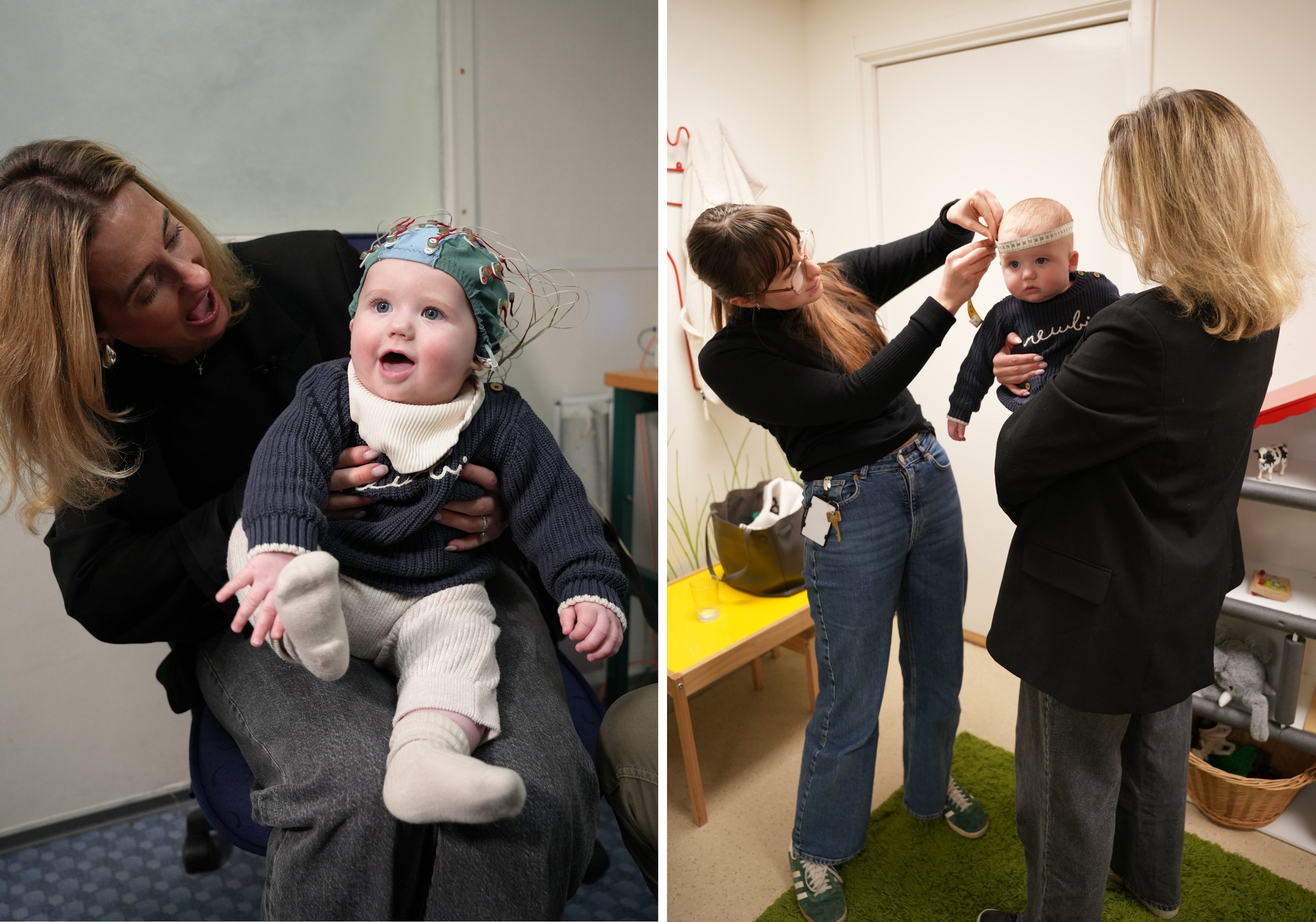 Två bilder med mamma, barn och forskningsassistent på Babylabbet