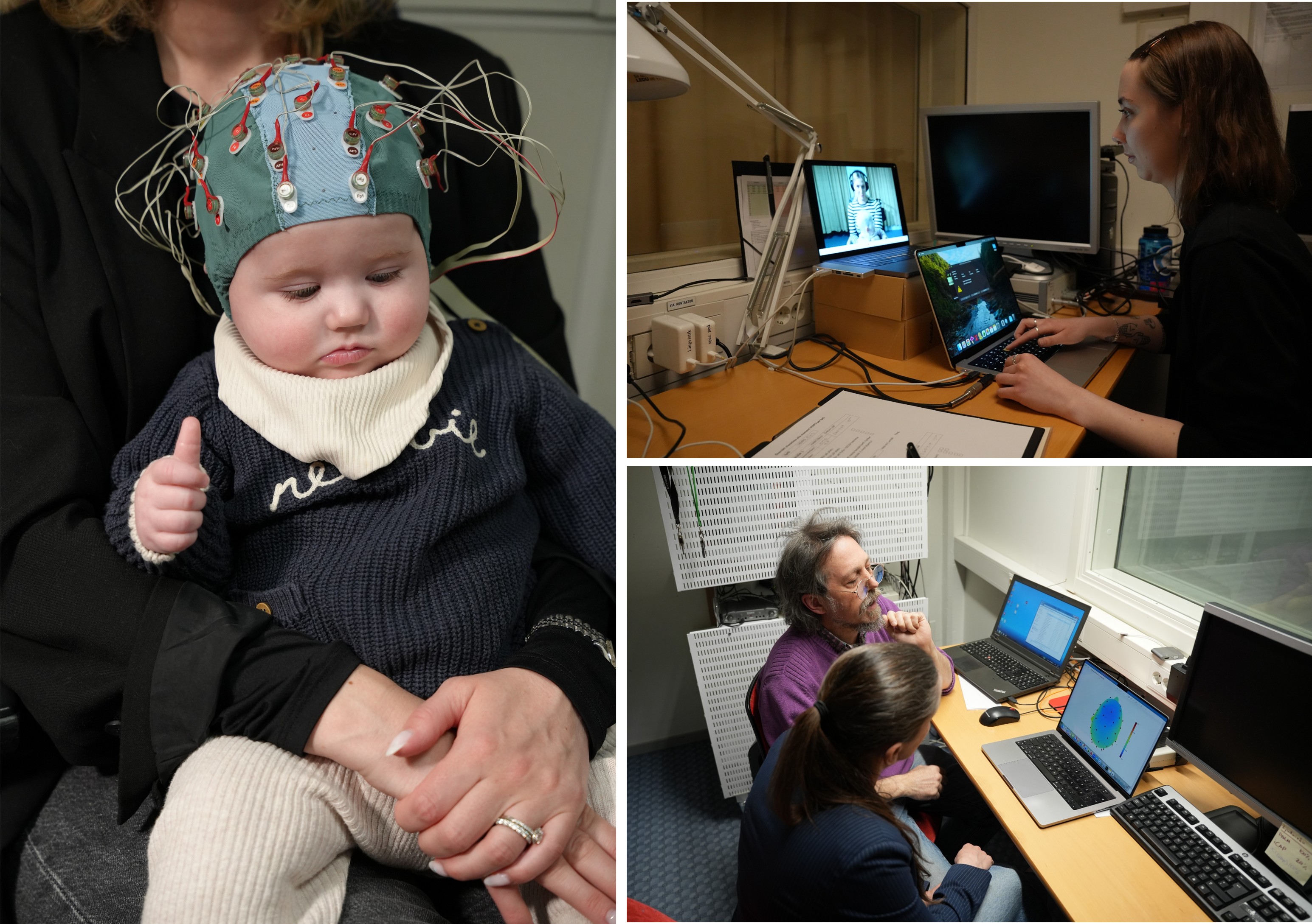 Ett barn med mätutrustning på huvudet och tre forskare framför dataskärmar på Babylabbet.