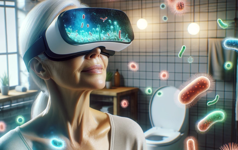Woman with VR-glasses in a bathroom with hovering bacteria.