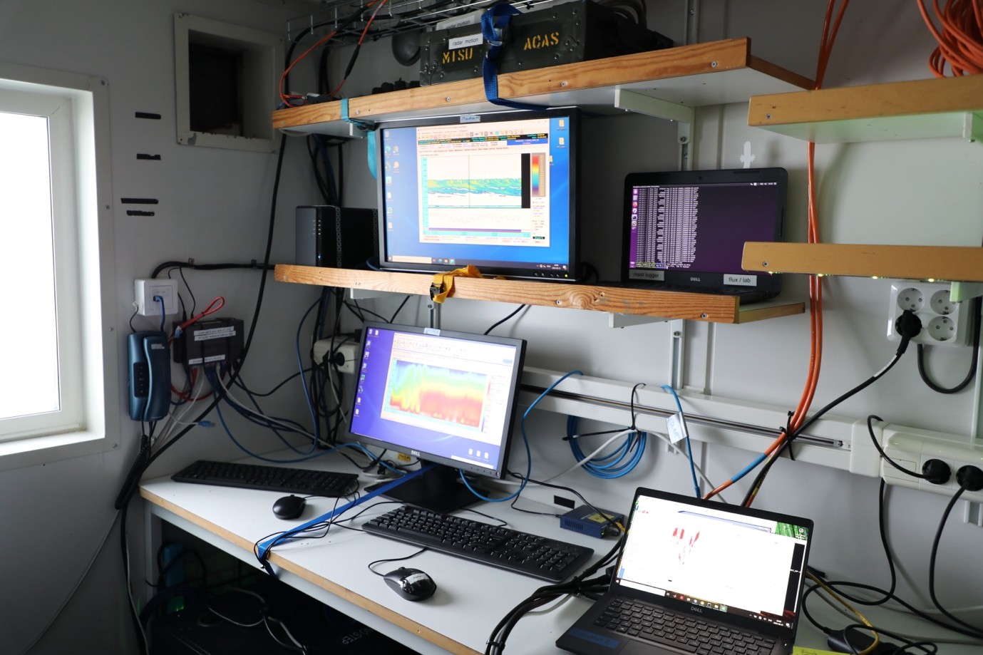 Caption: Monitors in the "radar lab", one of our office spaces onboard.