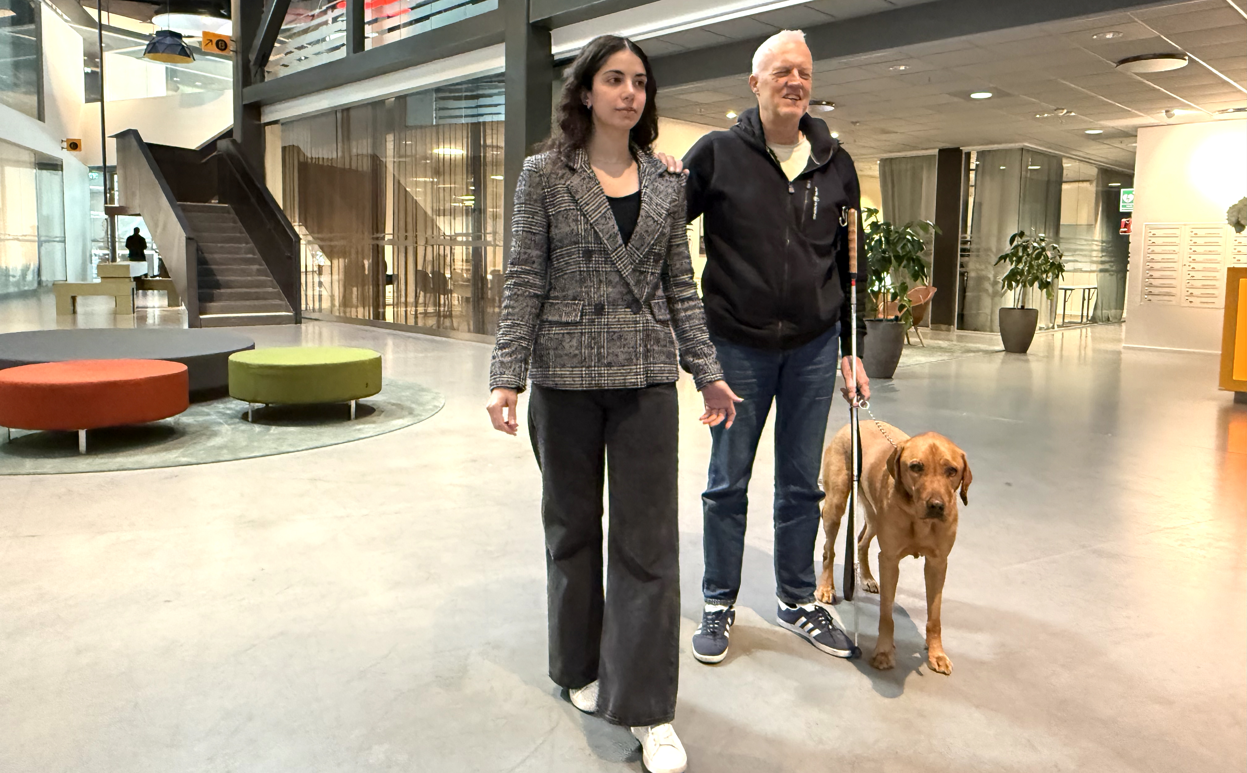 En person ledsagar en blind person med vit käpp och ledarhund.