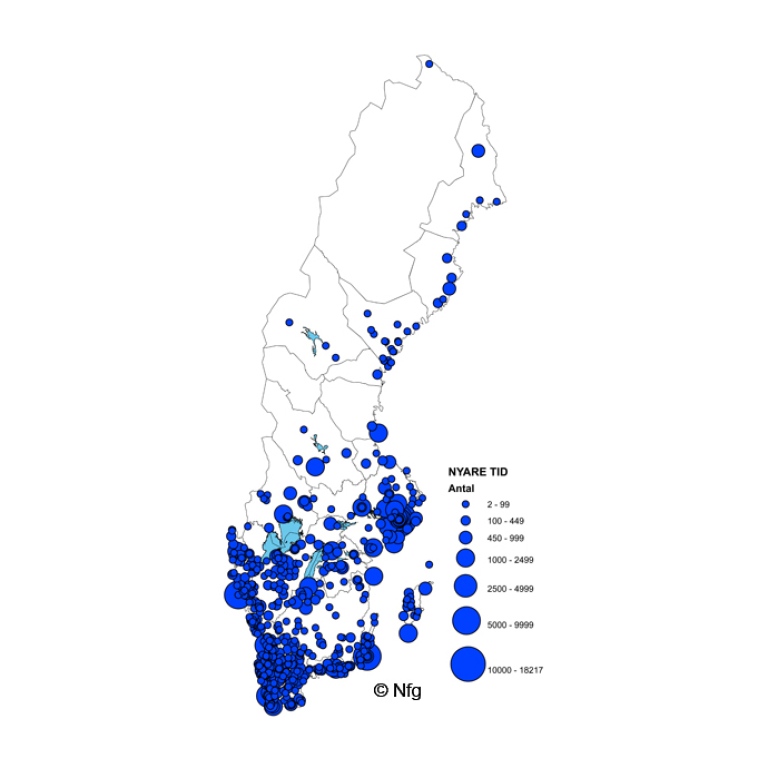 Spridningskarta över myntfynd från nyare tid 1521-