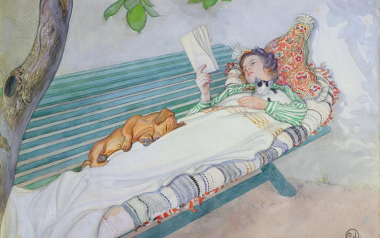 Painting of a woman lying on a bench.