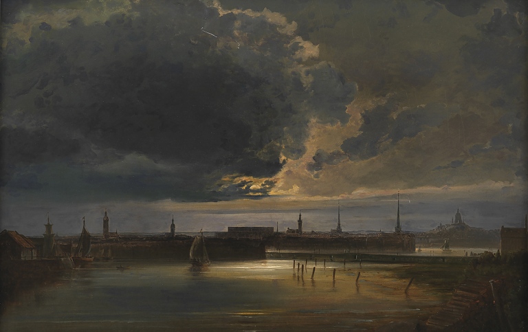 Moonlit view of Stockholm.