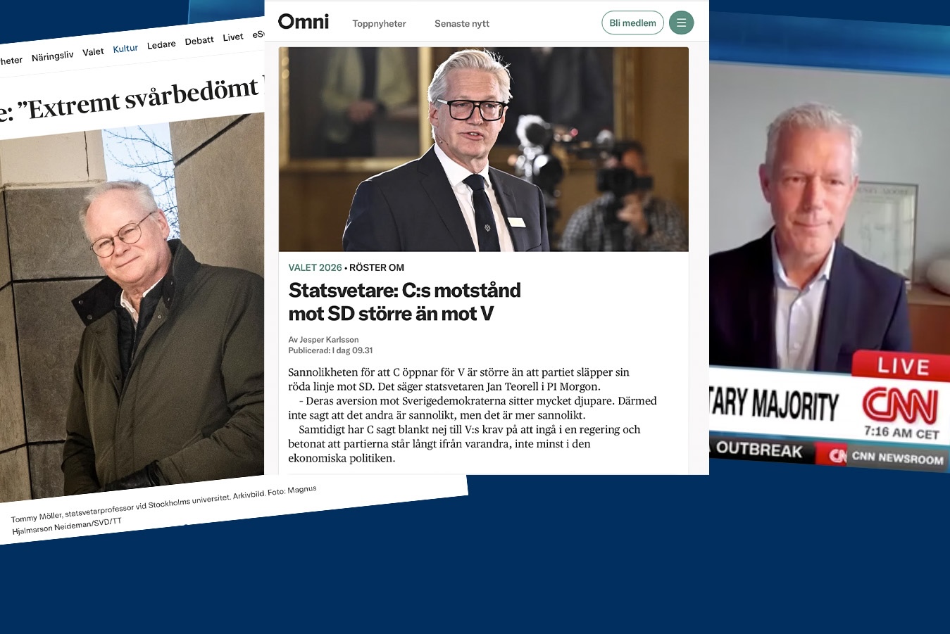 Tommy Möller, Jan Teorell och Jonas Tallberg kommenterade valresultatet på måndagen. Foto: Montage av skärmdumpar SvD, Omni och CNN.