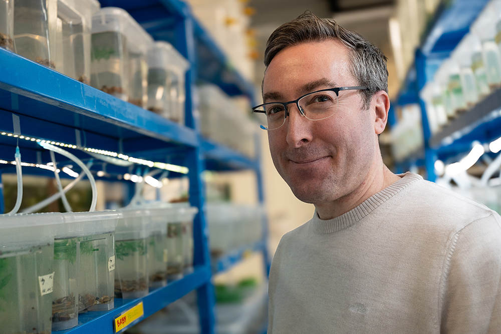 The researcher John Fitzpatrick standing in the fish-lab