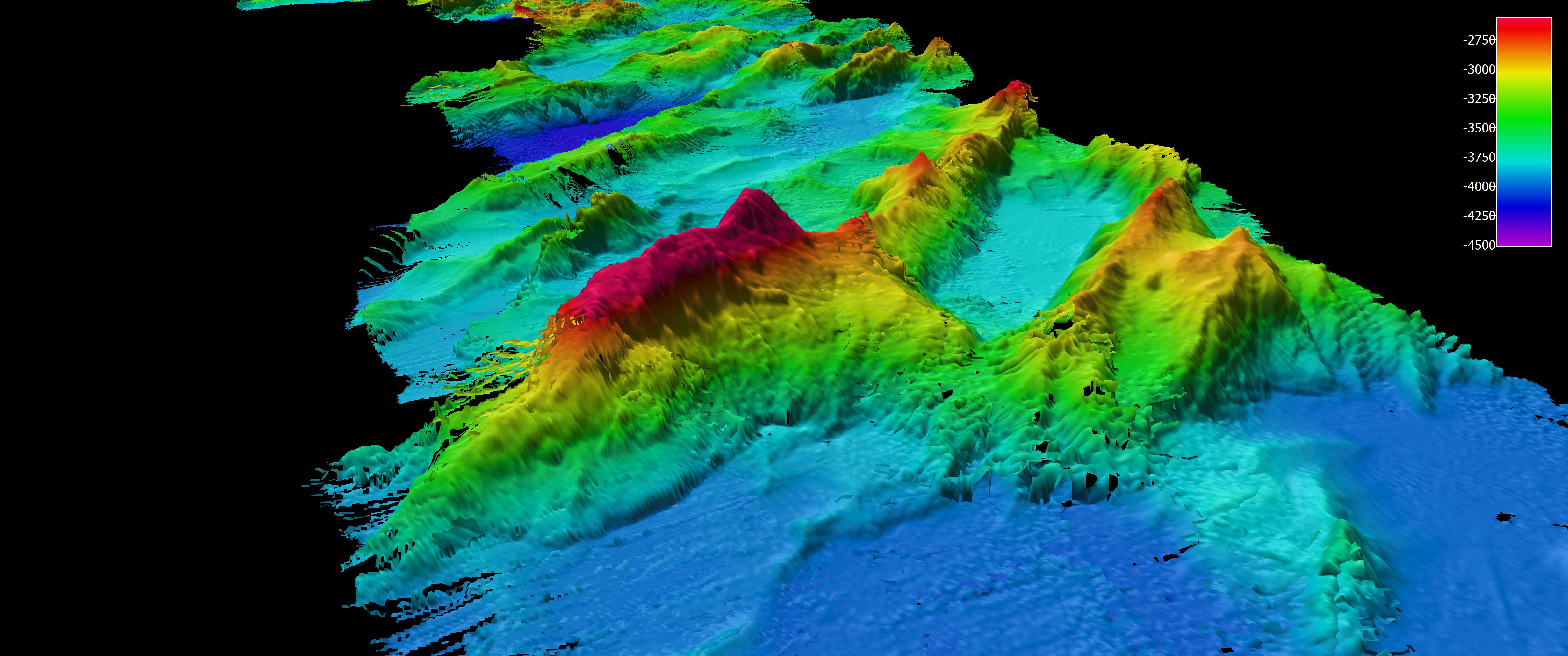 Depiction of a tall underwater mountain.