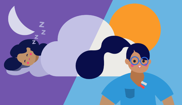 Illustration of woman sleeping at night and working by day.