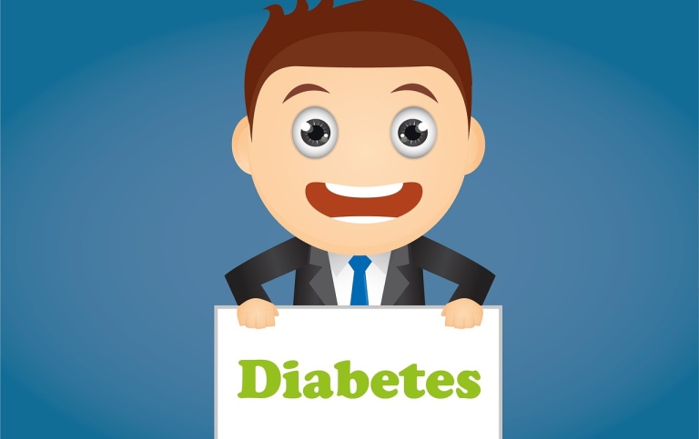 Illustrated man holding sign with the word Diabetes.