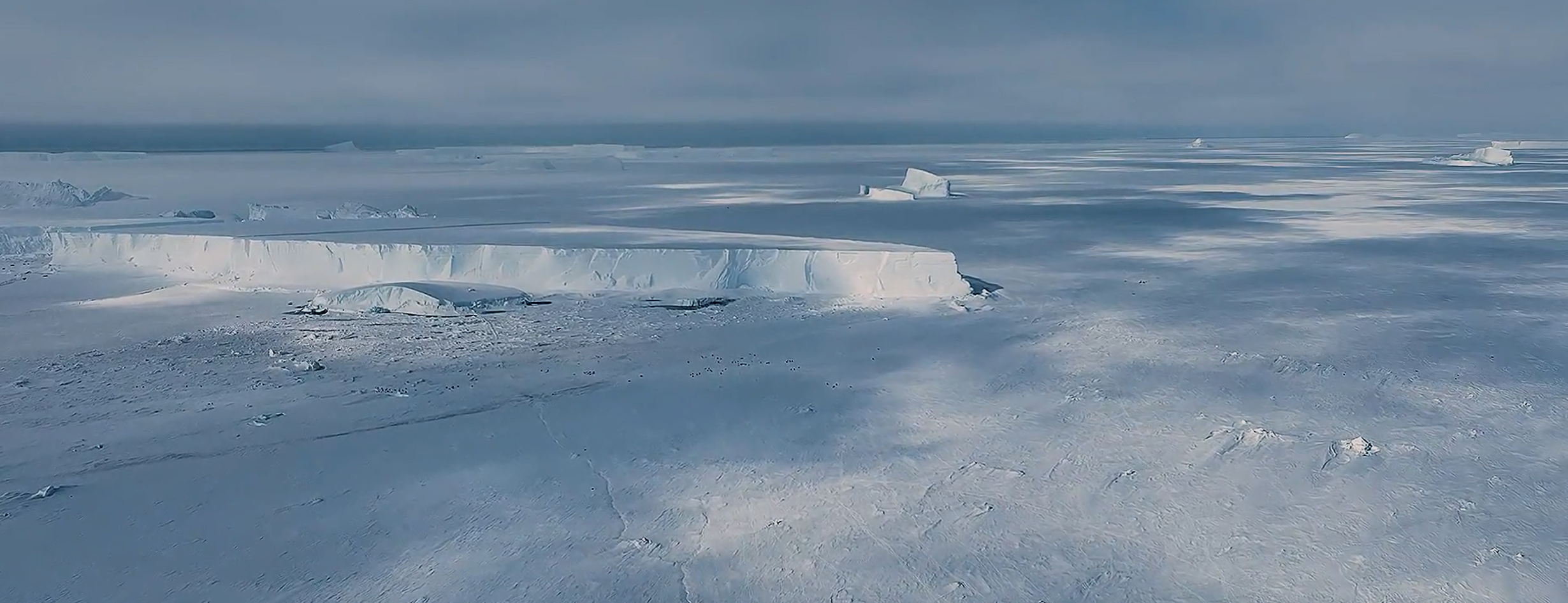 Aerial view of a landscape in Antarctica.
