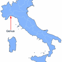 Karta över Italien. En pil visar att Genua ligger på nordvästra kusten.
