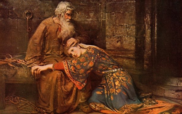 Painting of man comforting woman