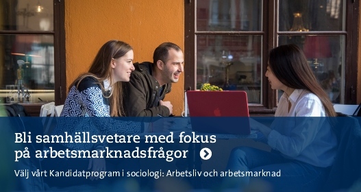 Studenter runt bord. Text: Bli samhällsvetare m fokus på arbetsmarknadsfrågor. Foto: Niklas Björling