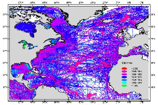 IBCNA map Data coverage and data age in the IBCNA area (data from U.S. repositories, younger surveys plotted on top of older ones).