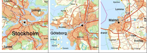 Stockholm, Göteborg och Malmö, och dess omgivningar.