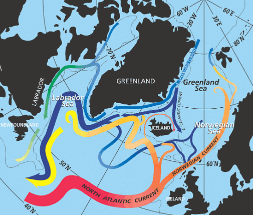 Cirkulationsmönster i Nordatlanten. Illustration: NASA
