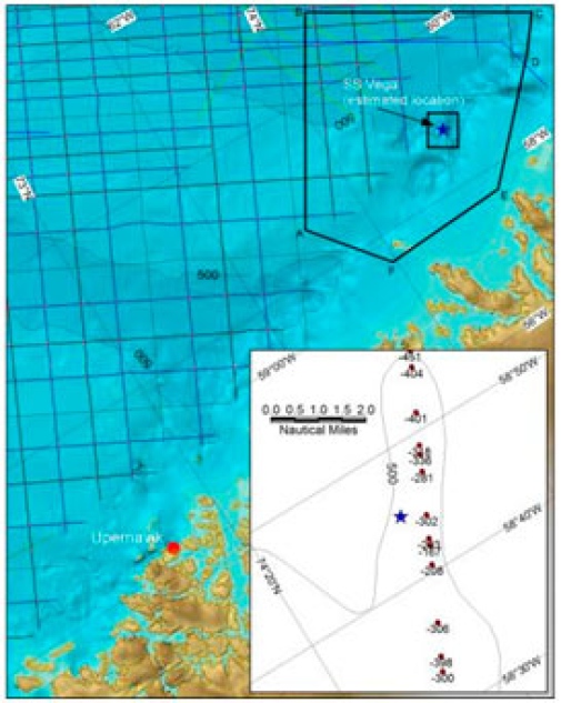 Map showing the estimated position where SS Vega sunk.