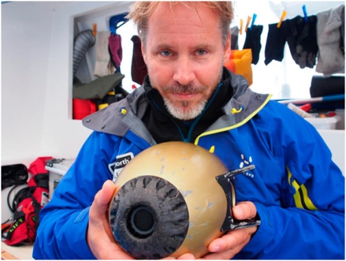 The nose cone of Gavia, AUV, with clear signs of hard bottom collisions.