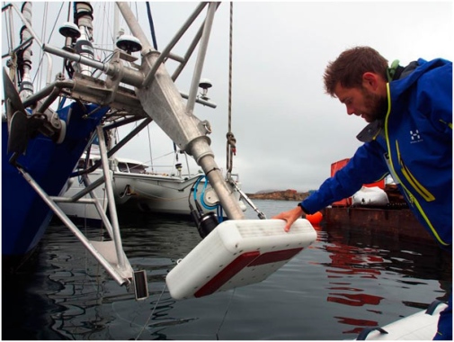 Glenn Mattsing holding on to the multibeam transducer casing.