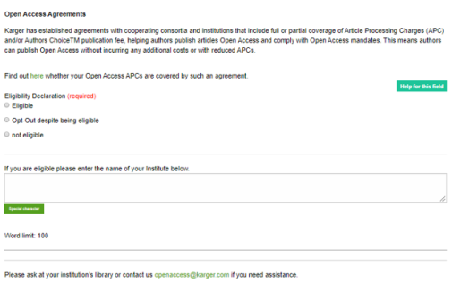 Karger submission system OA agreements (screen shot)