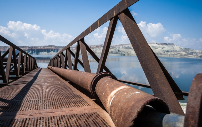 Water pumping pier for pipe line on lake