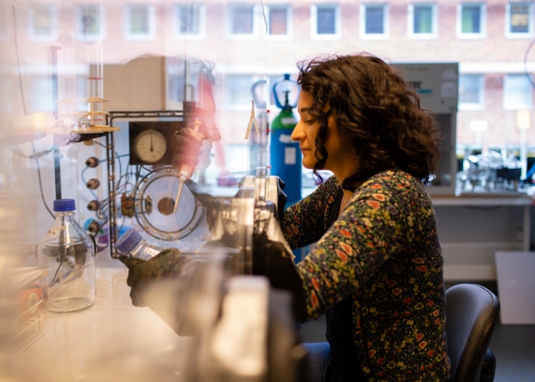I den syrefria lådan i labbet kan Sarahi Garcia jobba med bakterier som kommer från de delar av sjöa