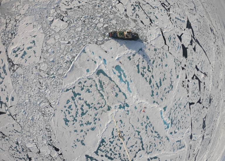 The Swedish icebreaker Oden at the North Pole during expedition Arctic Ocean 2018. Credit: Paul Zieg