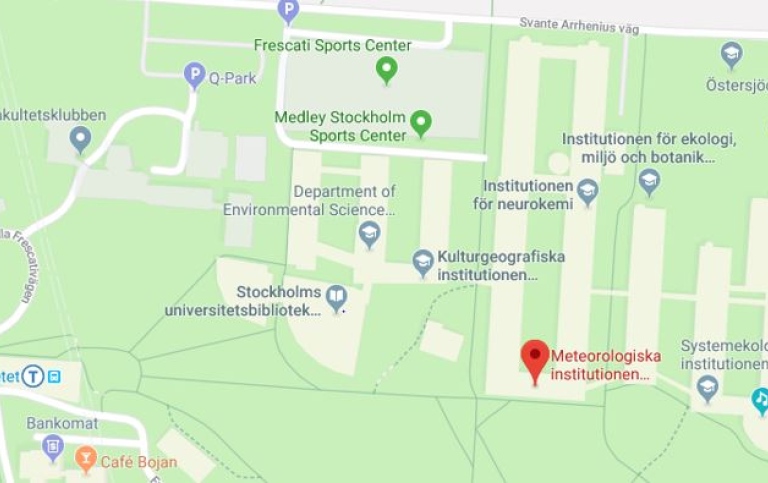 Karta över norra Frescati, Stockholms universitet. Från Google Maps.