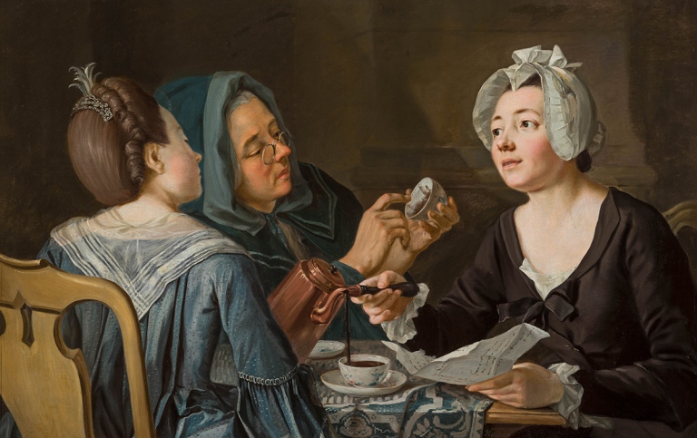 Tre kvinnor vid ett bord, kaffekoppar, 1700-tal
