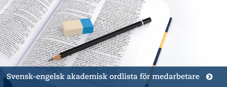 Svensk-engelsk akademisk ordlista för medarbetare. Mostphotos: Uppslag i lexikon