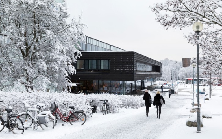 Två studenter på väg till Studenthuset en snöig vinterdag. Foto: Niklas Björling