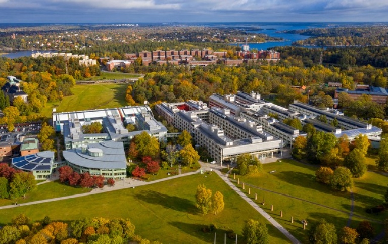 Aerial view over the Frescati campus and Stockholm.