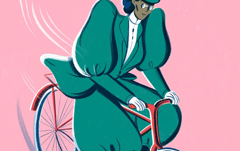 Illustration av kvinna på cykel, ur Kvinnosaker av Karin Carlsson Illustration: Amanda Berglund